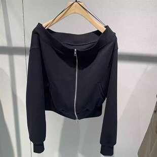 佳禾艾诺丝2026春新款蓝色一字肩双拉链露肩短外套女上衣BR551109