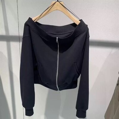 佳禾艾诺丝2026春新款蓝色一字肩双拉链露肩短外套女上衣BR551109