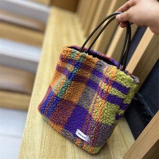 GGSG BAG原创小众彩色格子手提包小号托特包秋冬手拎布包布袋女包