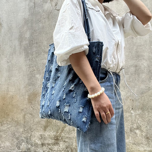 破洞牛仔布袋子小众文艺学院风纯棉原创自制布包百搭潮款 男女 韩版