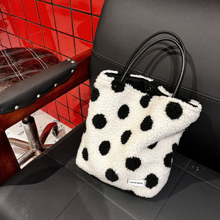 GGSG BAG秋冬原创自制小众羊羔毛手提包小号托特包黑白波点手拎包