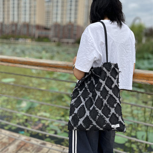 BAG原创小众单肩牛仔布包流苏帆布包布袋子黑白百搭复古女包 GGSG
