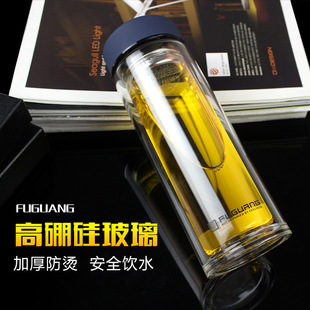 富光双层玻璃杯G1416 420ml男女情侣带盖茶杯过滤泡茶水杯子 350