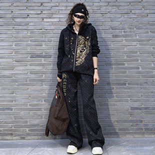 欧洲站酷飒复兴烫钻连帽卫衣套装2026女春季宽松休闲直筒裤两件套