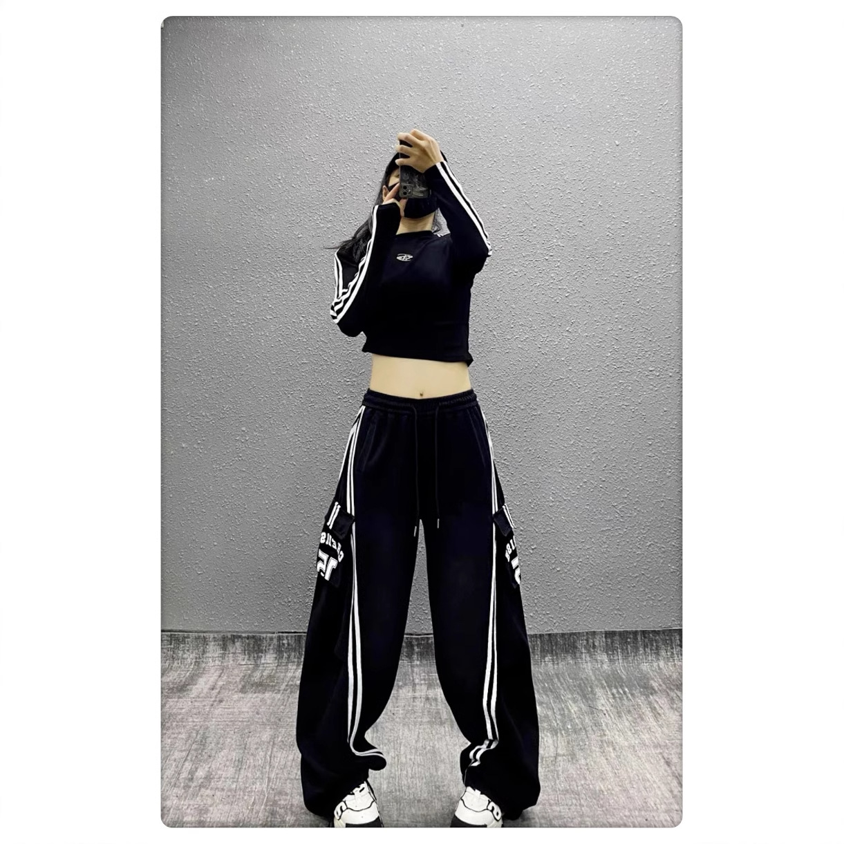 欧货两杠条大口袋工装裤女2024秋冬新款15大口袋抽绳松紧腰长卫裤