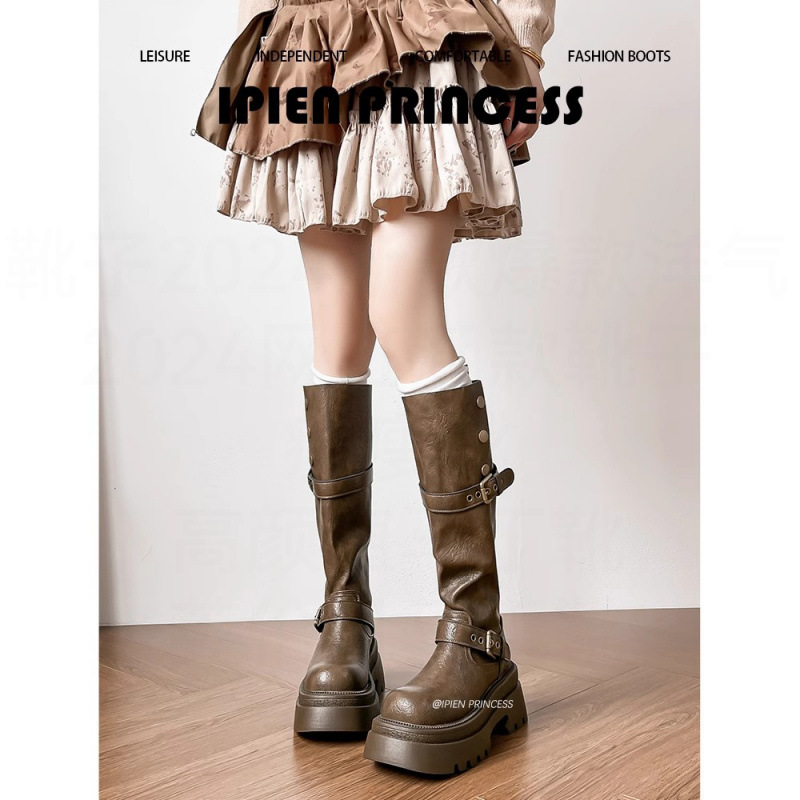 美拉德棕色时尚长筒靴女2025春夏新款粗腿增高骑士靴小个子高筒靴