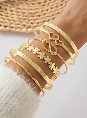 Metal Bracelet Bracelet Set双桃心金属手链手镯套装女几何六件