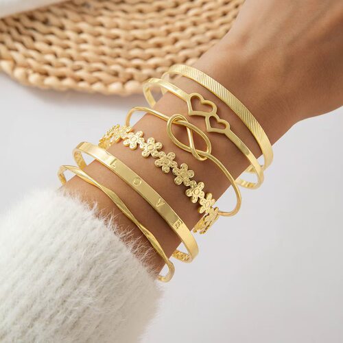 6-piece metal bracelet set双桃心金属手链手镯女复古几何六件套