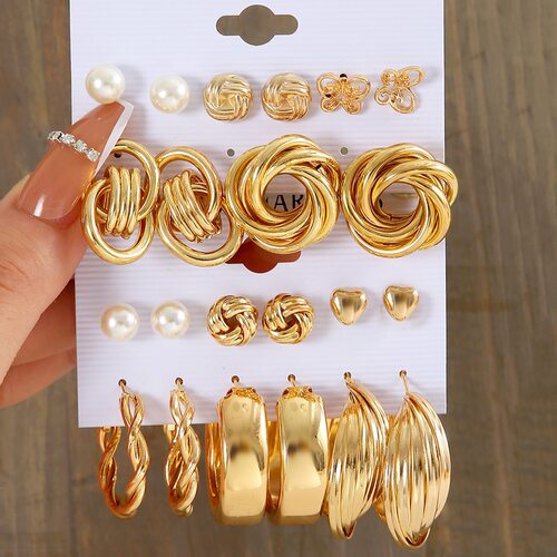 11 pcs set of pearl earrings夸张女桃心耳钉合金珍珠耳环11件套