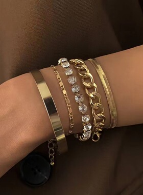 Bracelet set跨境朋克风光面百搭叠戴手镯套装几何镶钻多层手链