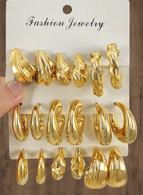 earring set女个性金属c型不规则卡装耳环3件套白k/金色耳钉耳