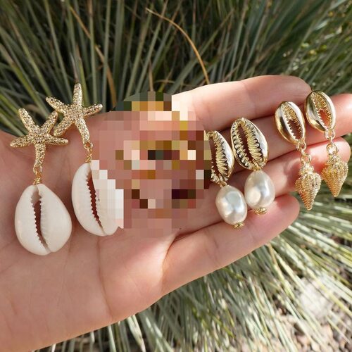 Shell pearl earrings 4-pair set天然贝壳珍珠耳钉耳坠4对套装