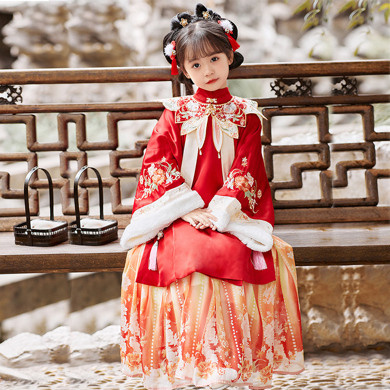 女童汉服秋冬装明制拜年服儿童小女孩加绒加厚新款云肩唐装新年服