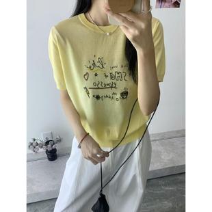 短款 CC早秋女士薄款 爆款 天丝麻针织短袖 小个子上衣 女t恤2025新款