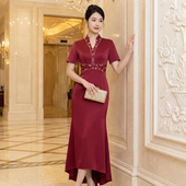 多丽琦优雅深V领钻饰礼服女短袖 A字长裙显瘦名媛年会气质裙演出服