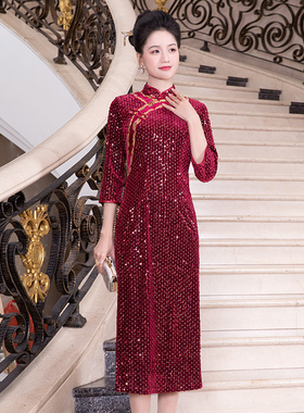 多丽琦新款改良旗袍高级感宫廷风红色喜婆婆装轻奢优雅礼服秋冬款
