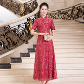 多丽琦改良复古风红色刺绣旗袍妈妈婚宴礼服高端气质连衣裙女修身