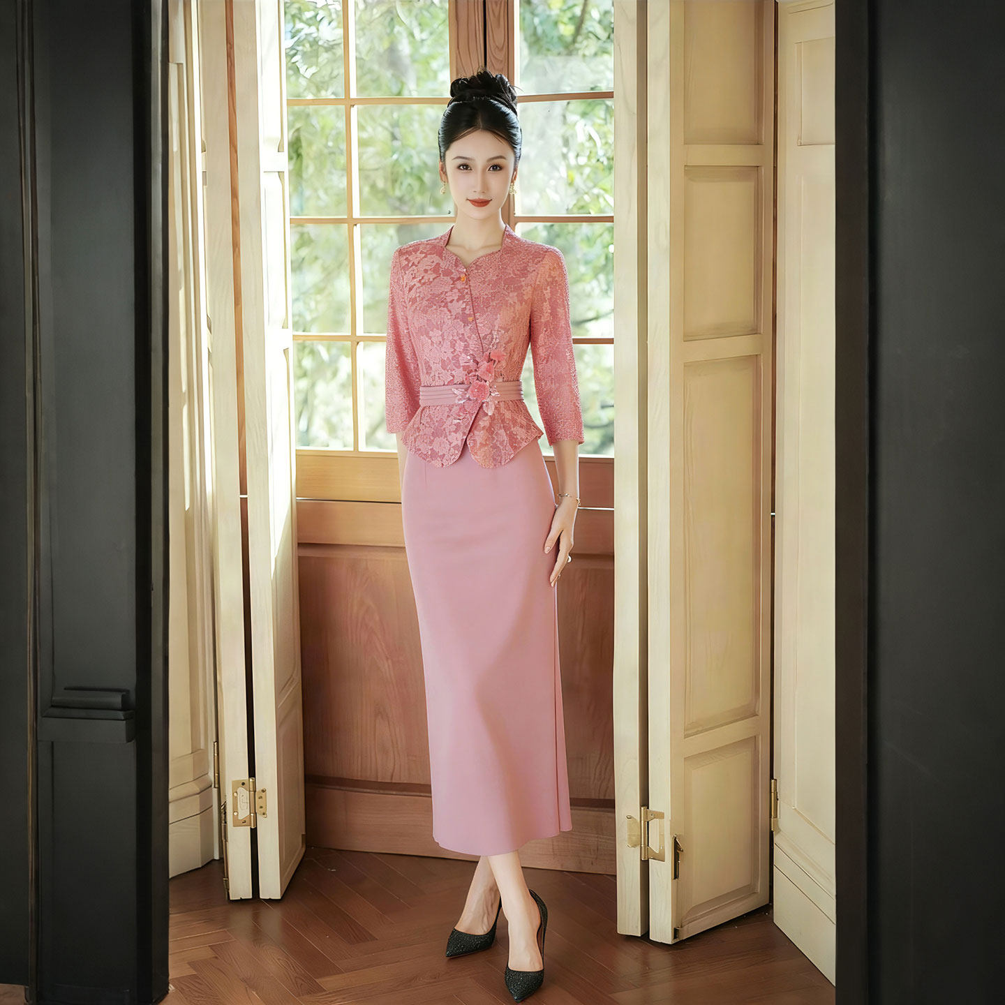 气质收腰显瘦长袖礼服裙女