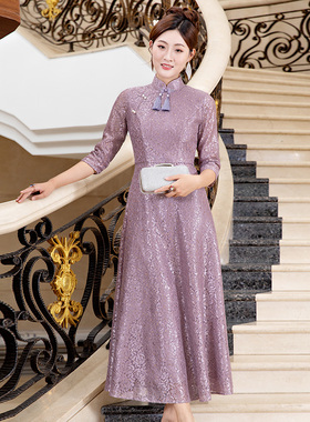 多丽琦旗袍复古紫色轻奢宴会中式礼服端装大气连衣裙小个子晚礼服