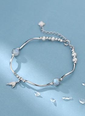 银圳日韩925纯银鱼尾月光石手链女ins风小众设计轻奢手链夏季手串
