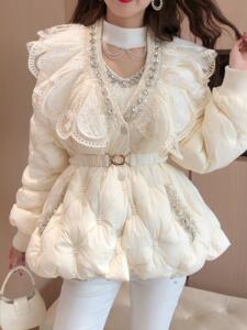 冬季羽绒服明星同款白鸭绒2023冬新款甜美蕾丝亮钻重工小香风外套