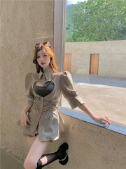 Real price real shot Korean minority Design Love hollow out Shirt Top + bract Elastic Waist Shorts suit