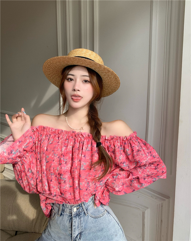 Real price real shot Korean one line collar Ruffle off shoulder floral top loose Long Sleeve Chiffon foreign style shirt