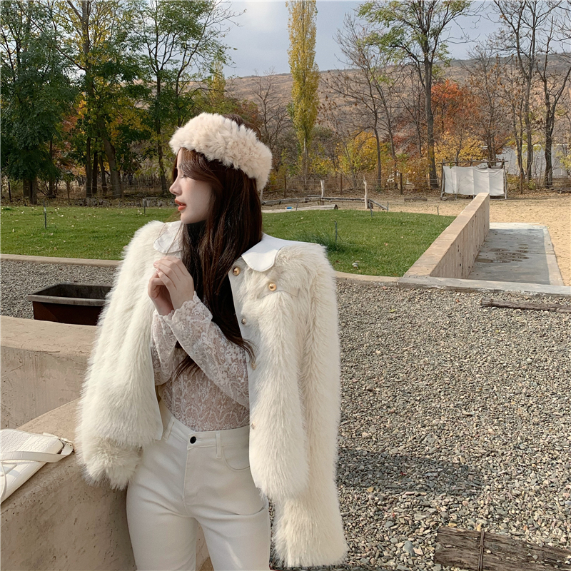 Real price real shot imitation fur temperament Korean petal leather collar minority design feeling autumn winter coat