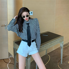 Real price shooting Hong Kong style vertical stripe wearing tie Korean style loose and versatile retro design sense minority shirt