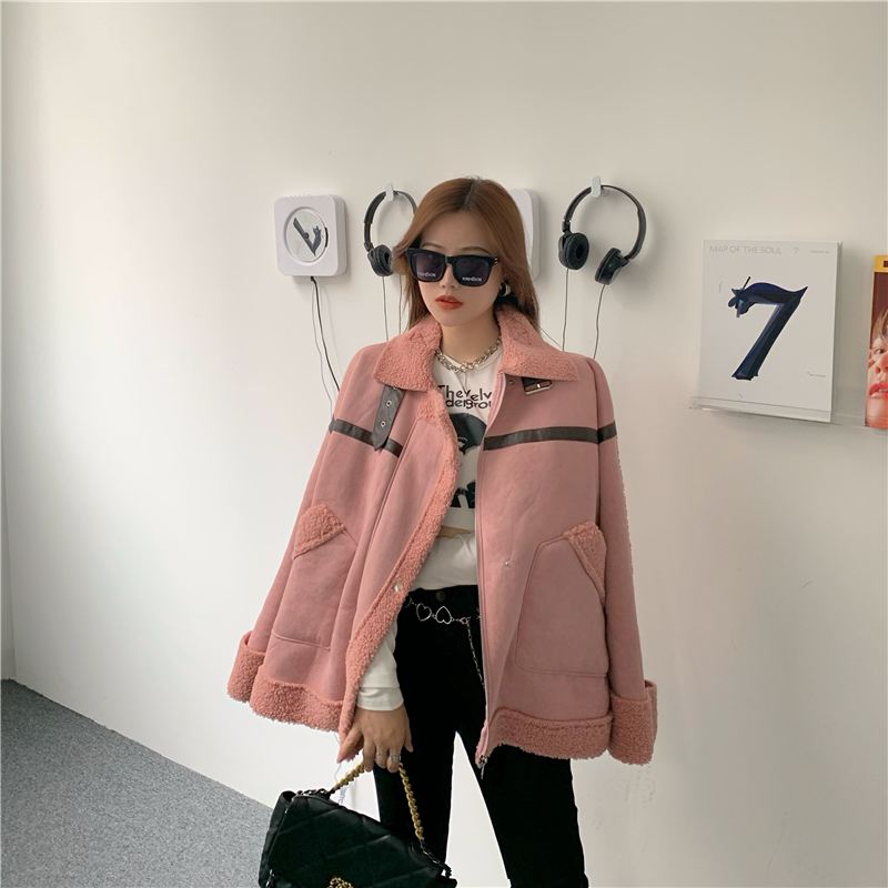 Real price shooting Korean loose lamb fur coat autumn winter fur all in one motorcycle suit stand collar fried Street top