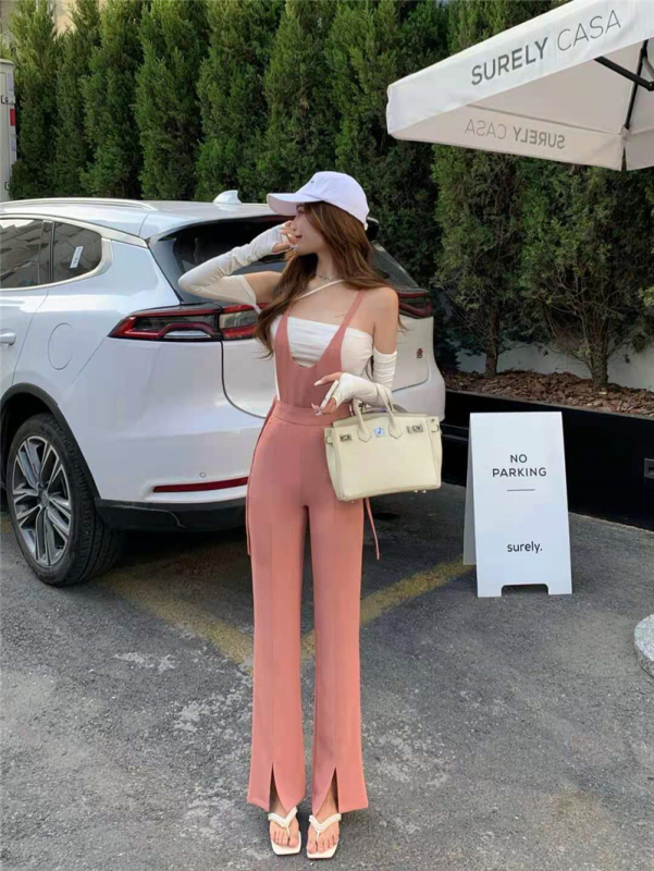 Real price real shot pure desire one line collar sun protection detachable top bottom coat + high waist detachable strap pants suit pants
