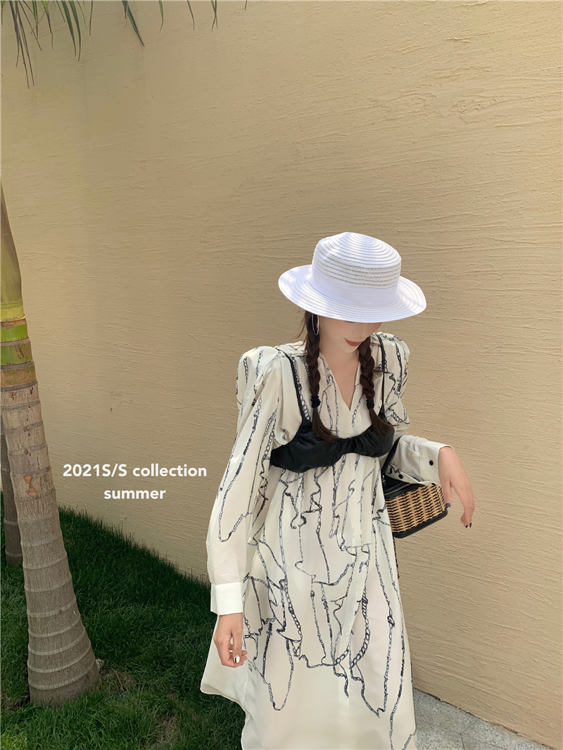 Real price real shot pure desire sexy slim versatile suspender Vest + temperament design sense V-neck printing long dress