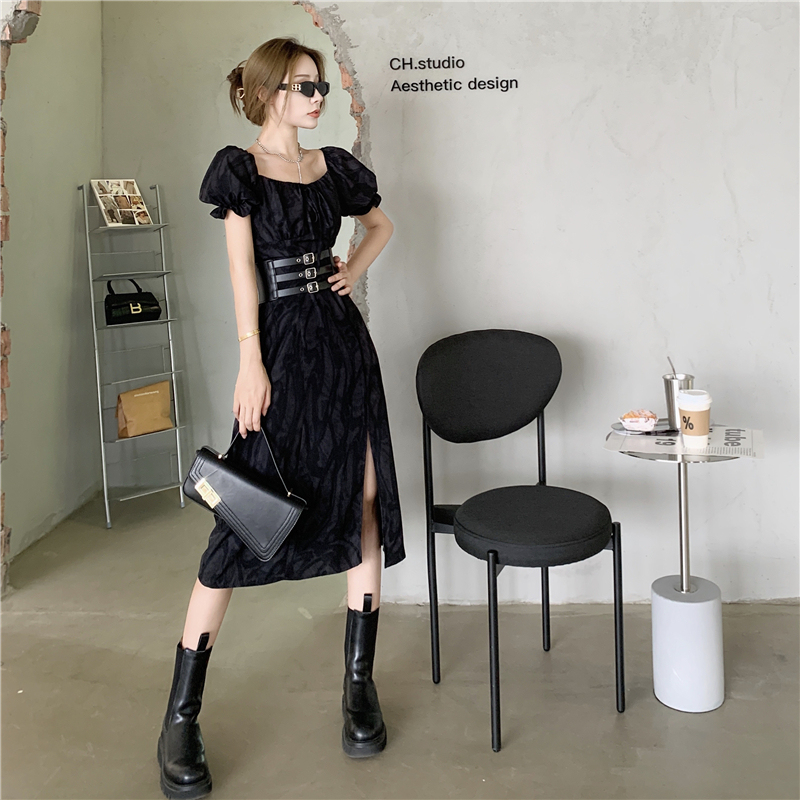 Real price, real shot, thin and dark tie dyed split bubble sleeve design, close waist dress