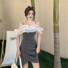 Real price real shot Korean design feeling French waist air slim fairy off shoulder one line collar Sling Dress