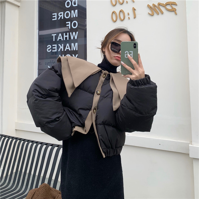 Real price and color matching casual girl's feeling double layer baby collar bread coat thickened cotton jacket short coat