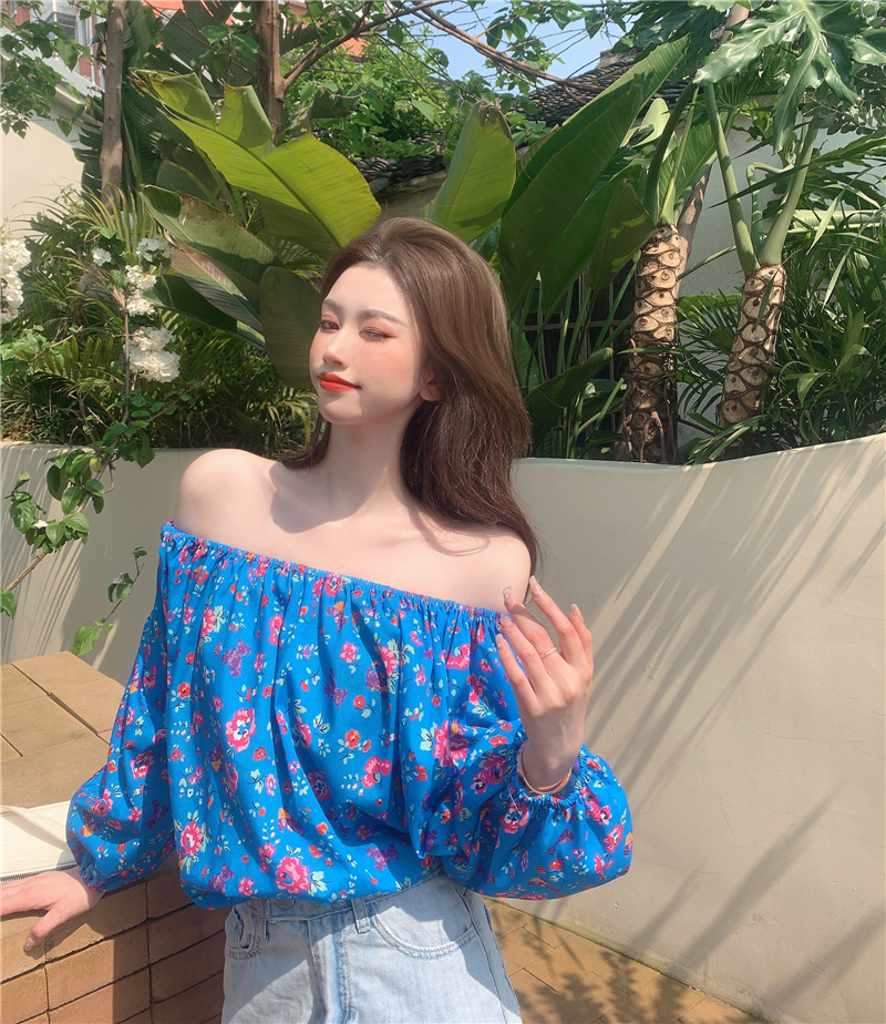Real price real shot Korean style relaxed design one shoulder floral shirt versatile top