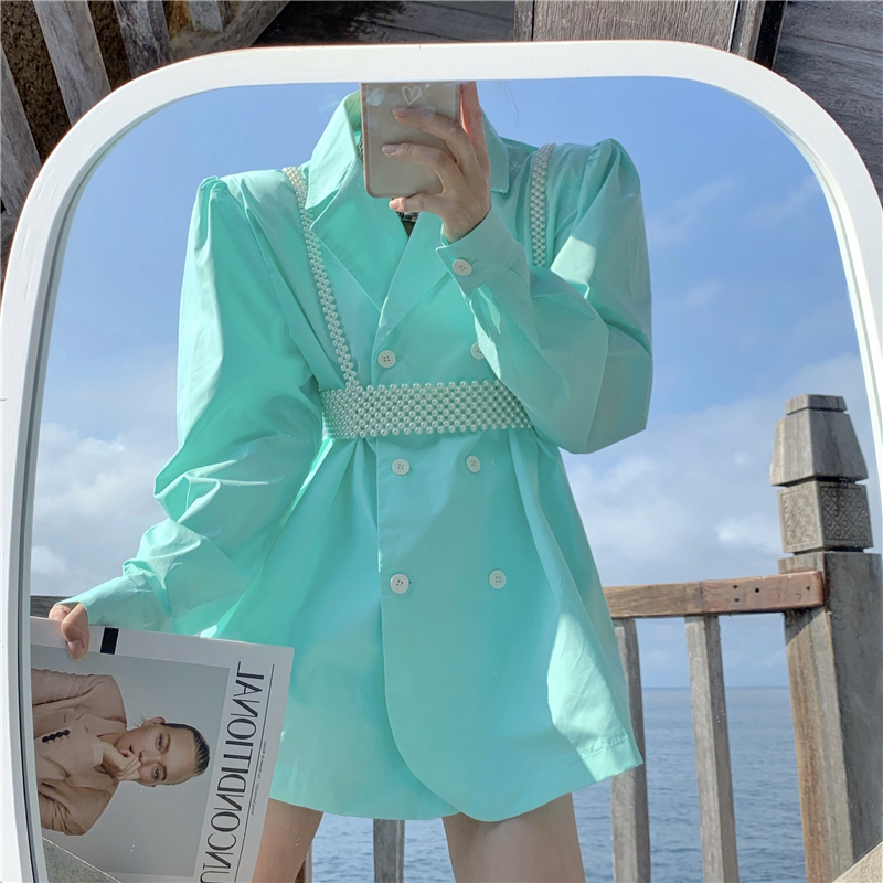 Real price real auction French niche silhouette suit shirt top + two pieces of heavy industry pearl sling