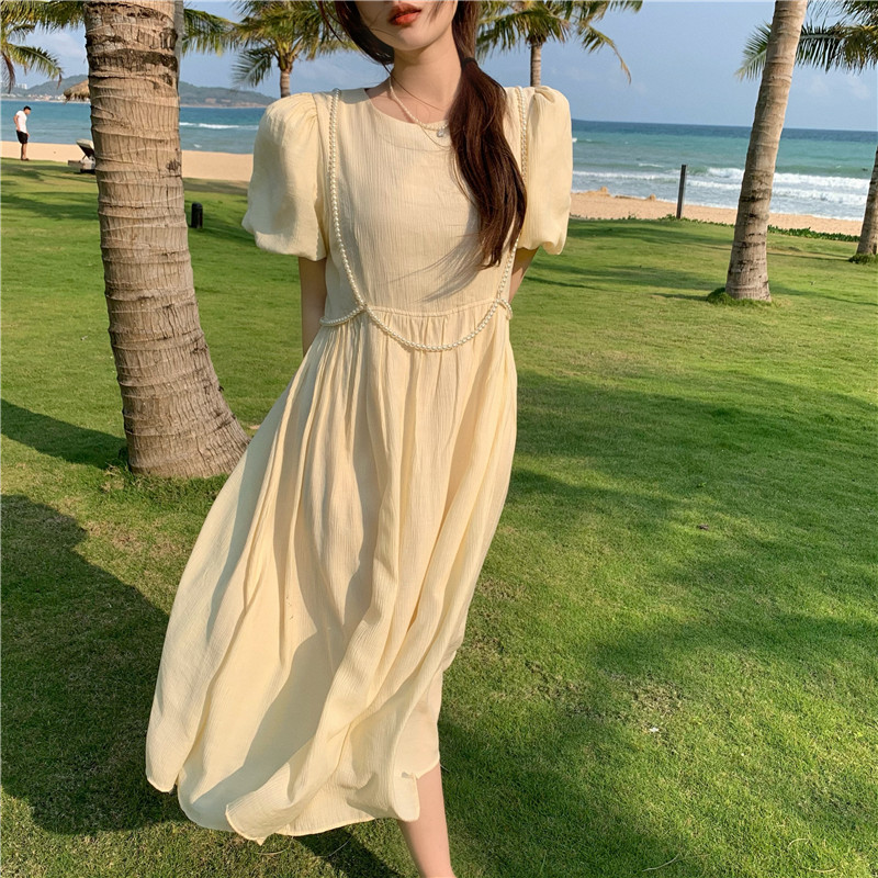 Real price real shot Korean design sense pearl bubble short sleeve pure air Chiffon French First Love Dress