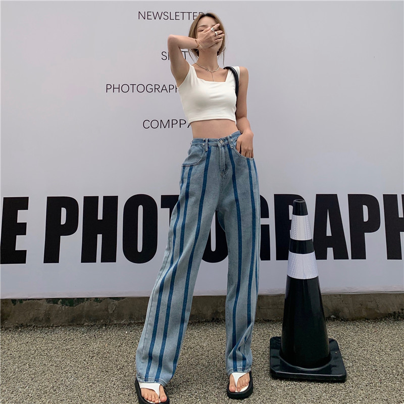 Real price real shot Korean high waist striped straight jeans loose and fashionable broadleg pants