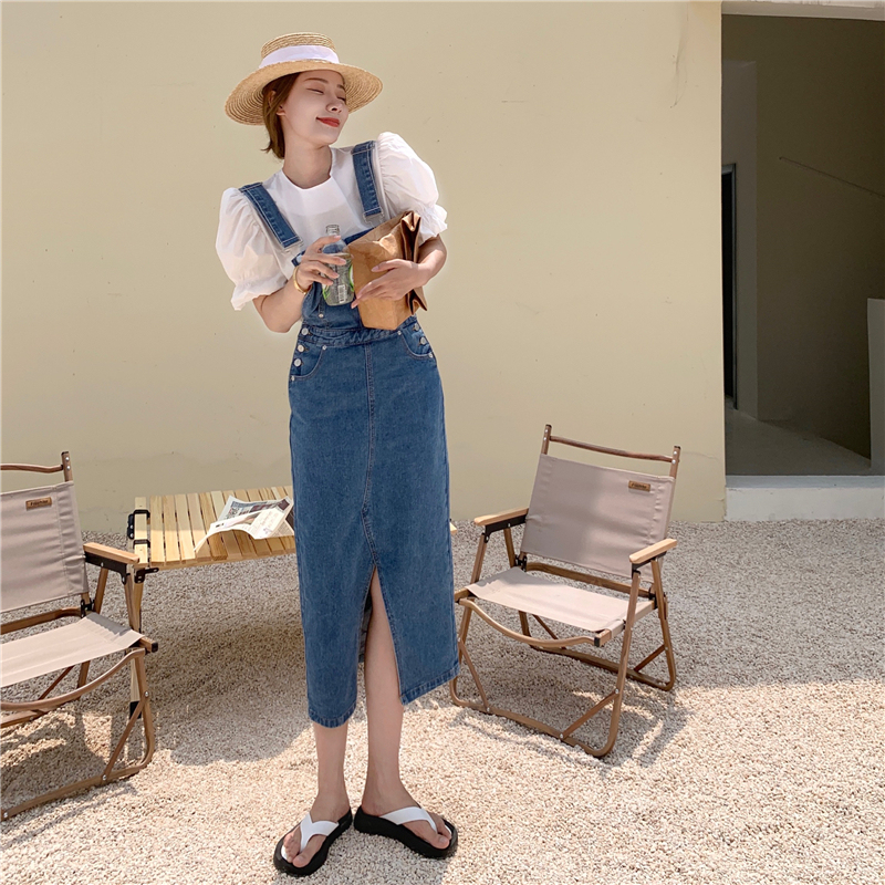 Real price real shot Korean versatile denim strap skirt + pure color temperament bubble sleeve shirt fashion suit