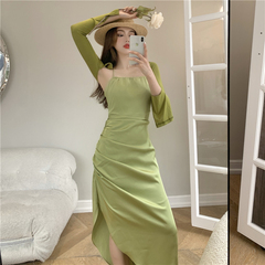 Real price real shot champagne party temperament Satin halter dress women's summer crowd jacket skirt suit