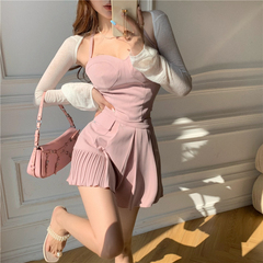 Real price real shooting Street blasting fashion suit summer design feeling bandage top pleated skirt pink suit