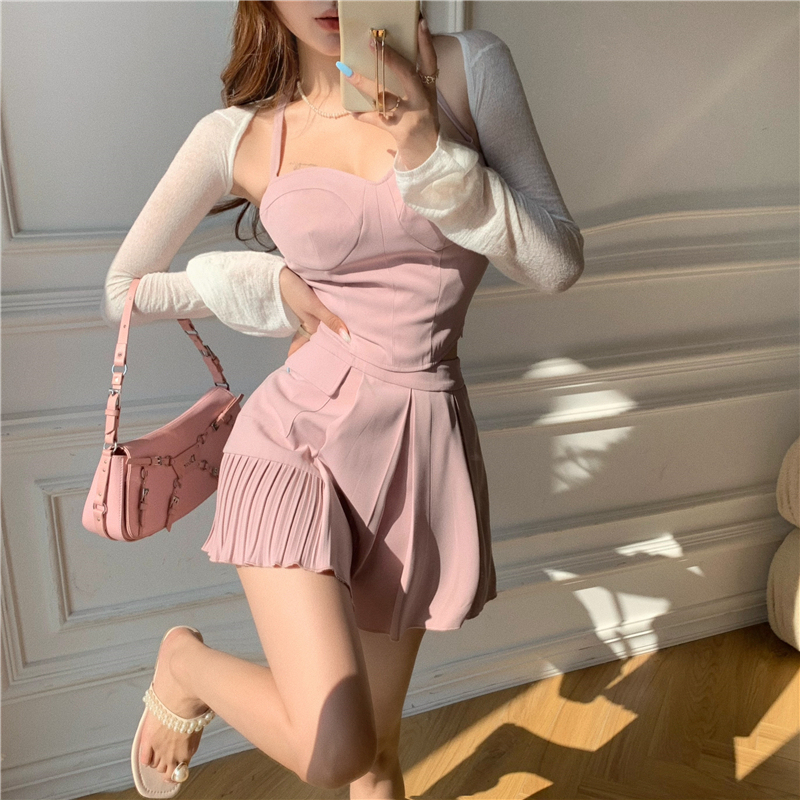 Real price real shooting Street blasting fashion suit summer design feeling bandage top pleated skirt pink suit