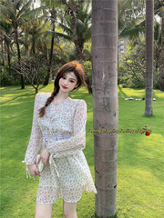 Real price real shooting summer gentle wind design small crowd Waist Long Sleeve Chiffon V-neck first love dress