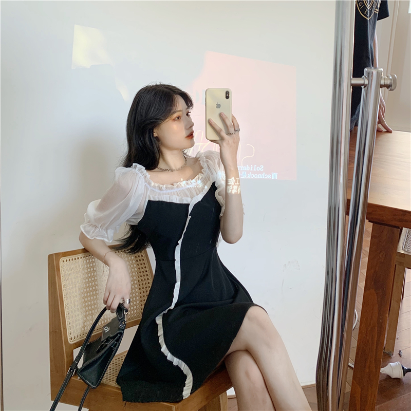 Real price real shot new slim fit stitching waist word swing one line collar two off shoulder mesh Pleated Dress