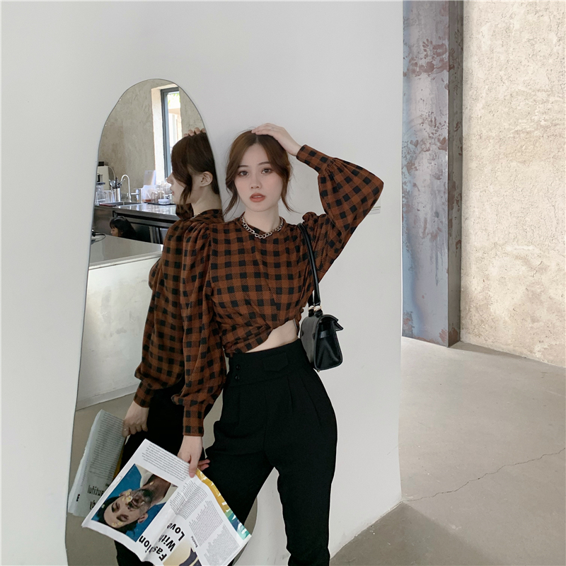 Real price real shot Korean retro Plaid temperament versatile shirt loose thin bubble sleeve long sleeve T-shirt