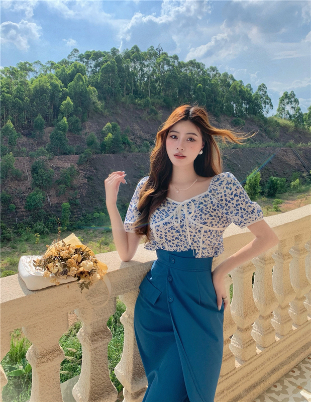 Real price real shot floral bow Shirt Short Sleeve Top + high waist pure color design skirt fashion suit