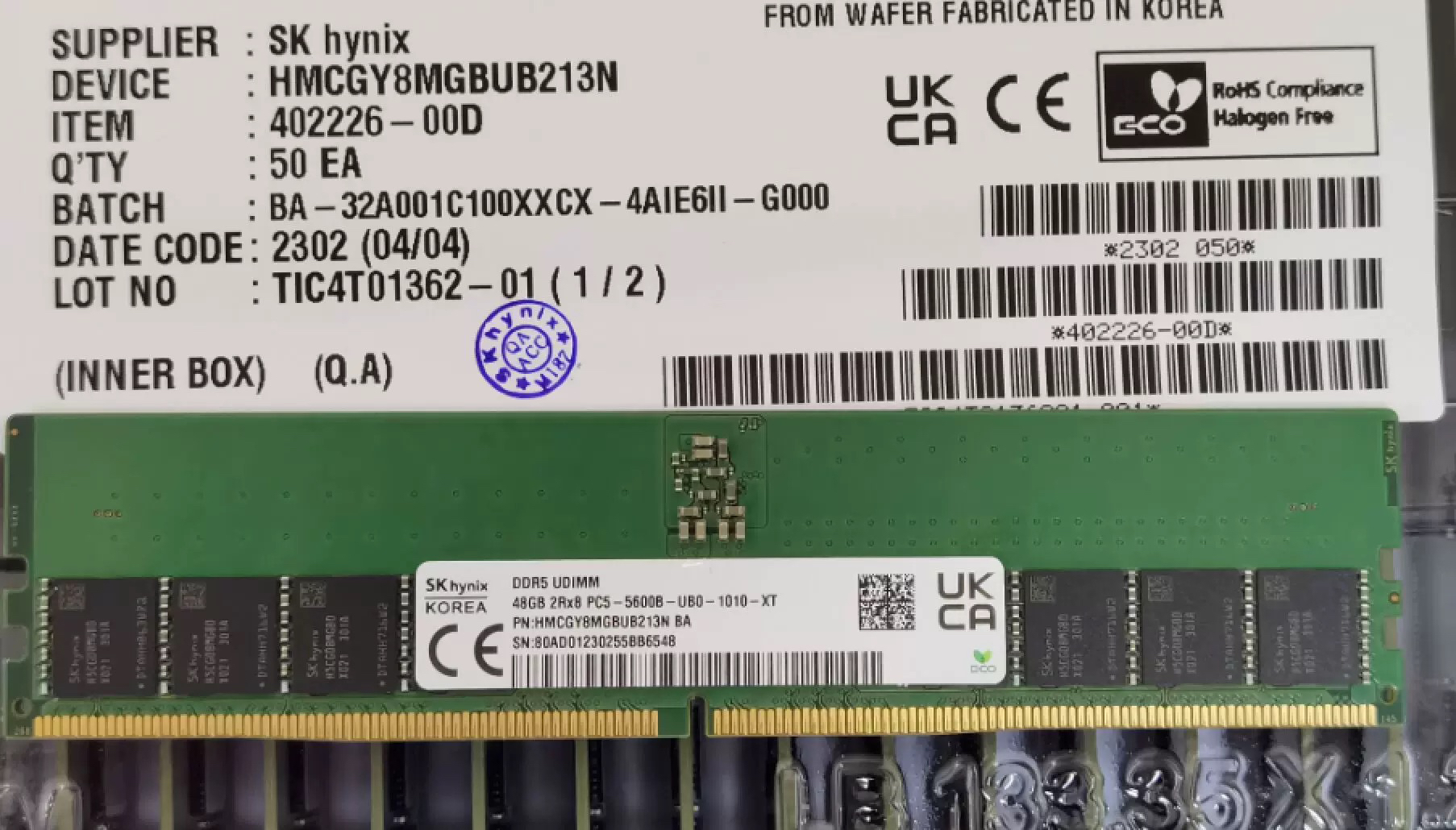 HMCGY8MGBUB213N全新海力士48G 2RX8 PC5-5600-U DDR5台式机内存