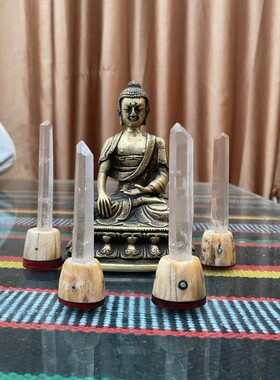 原创手工 喜马拉雅水晶摆件狼骨小叶紫檀底座 松石红塑料银丝镶嵌