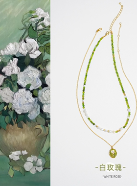 叠带复古白玫瑰绿色新款个性项链